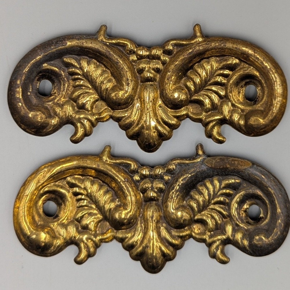 Vintage Ornate Solid Brass Drawer Pull Backer Plate Gold Scroll Set of 2 Upcycle